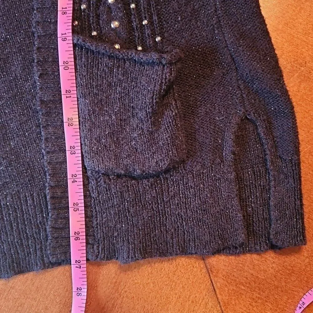 Justice Tunic Knit Cardigan Sweater Size 12 Black Metallic & Silver Beads